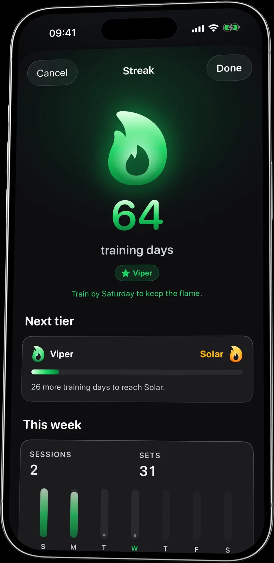 The streak in Logr: a green flame over 64 training days at the Viper tier, “Train by Saturday to keep the flame.”, 26 more training days to reach Solar, and 2 sessions and 31 sets so far this week.